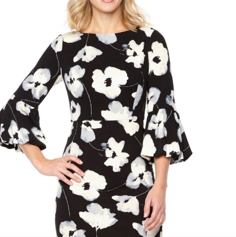 Liz Claiborne Black & Ivory Floral Balloon Cuff Sheath Dress Size 12
